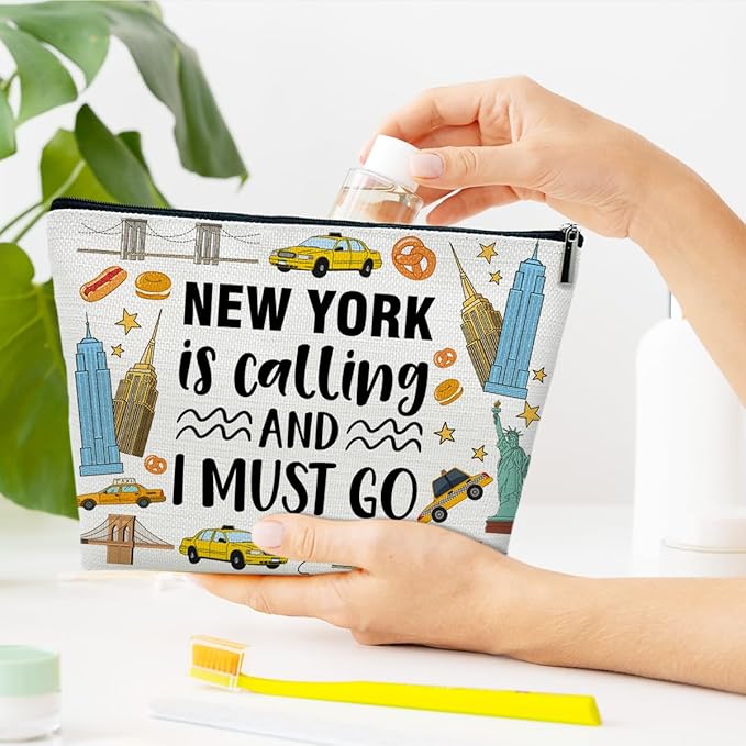 Funny New York Trip Makeup Bag, City Themed Gifts Favors, New York Is Calling And I Must Go, Travel Lover Gifts For Women Her, Travel Cosmetic Bag For Holiday Trip Vacation