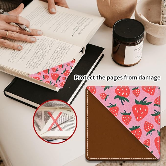 Cute Leather Bookmarks, Fun Triangle Making Corner Bookmark, Book Accessories for Reading Book Lovers, Unbreakable Page Markers for Women Men Pink Cute Strawberry