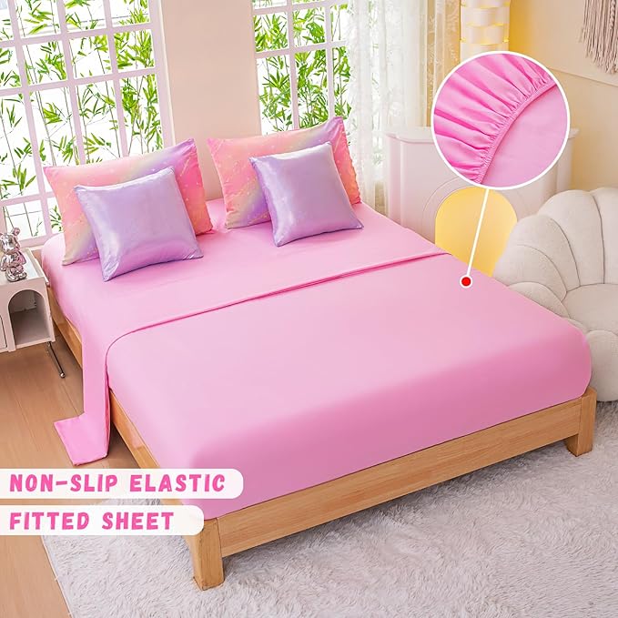 Rainbow Bedding Set Queen Size – 6-Piece Reversible Girls Comforter with Deep-Pocket Sheet, Gradient Galaxy Design, Whole-Piece Filling, Machine Washable Bed-in-a-Bag for Kids Room Makeover & Gifts