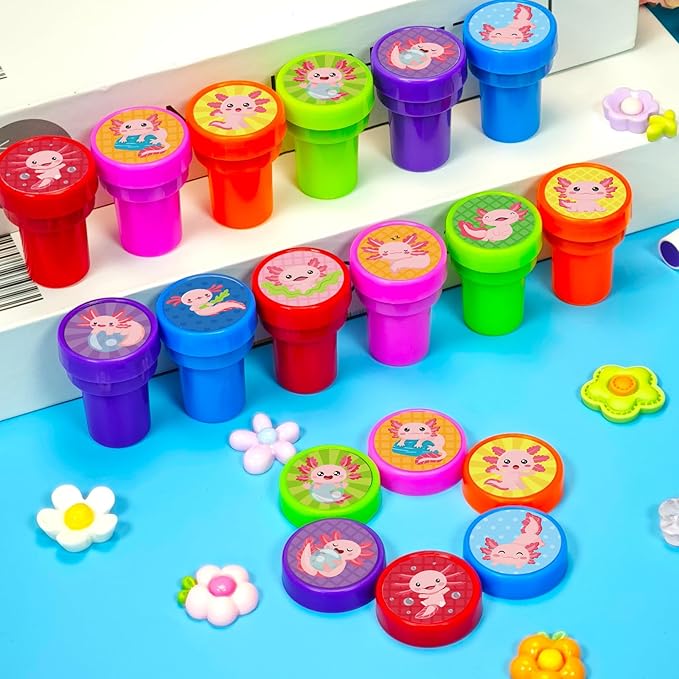 Cinrobiye 24 Pcs Axolotl Stamper for Kids ,Axolotl Self-Inking Stamp Set for Party Favors Classroom Rewards DIY Craft Goodie Bag Fillers Birthday Gifts Spring Summer Theme Supplies