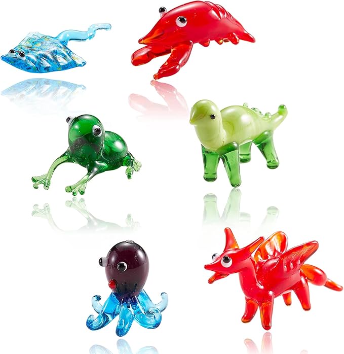 6Pcs Hand Blown Glass Animal Figurines Sea Mini Glass Animal Figurines for Home Desk Garden Collectibles Ornament Art Miniature Decor