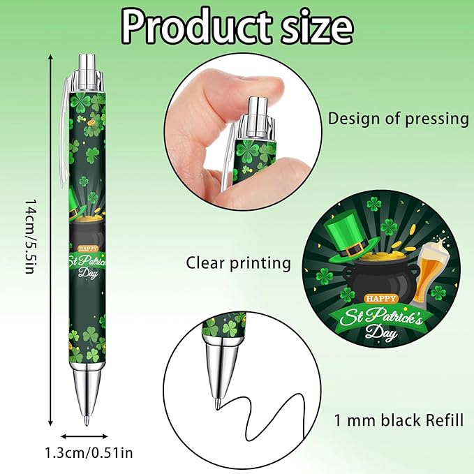 Idealmuzik Green Theme Ballpoint Pens Set of 10 – Shamrock & Lucky Clover Design with Smooth Black Ink – St. Patrick’s Day Inspired Pens for Office, Home, Party Favors, and Gifts