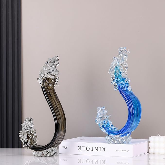 LCCCK Blue Glass Beach House Decor, Hand Blown Ocean Wave Decorate, Tall Blue Glass Sculpture Home Decor, Ocean Wave Fused Art Figurines, for Sea Art Beach Coastal Nautical Office Surfers Gifts