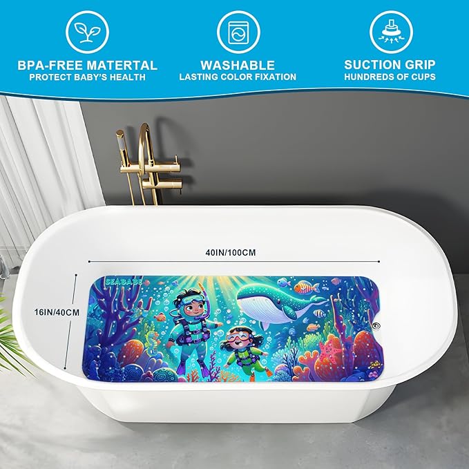 XIYUNTE Baby Bath Mat for Tub Non Slip Kids Bath Mat - 40''x16'' Extra Long Cartoon Diving Baby Bath Tub Mat Eco-Friendly Toddler Bath Mats with Suction Cups & Drain Holes Easy to Clean & Easy Drying