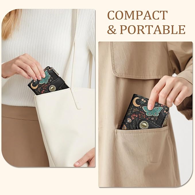 Butterfly Small Wallet Women RFID Blocking Bifold, Credit Card Holder, Zipper Coin Pocket, PU Leather, Compact, Travel, 4 ID Window, 14 Card Slots, Cash Purse, Ladies Woman Female Girls