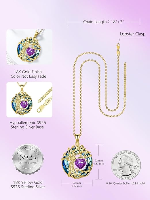 TOUPOP Tree of Life Birthstone Necklace 925 Sterling Silver Pendant Austrian Crystal Jewelry Anniversary Valentine's Day Birthday Gifts for Women Mom Her Wife