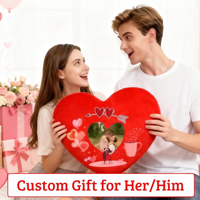 Custom Heart Pillow with Photo Text, Personalized Heart Shaped Pillow with Insert as Valentine Pillows Home Decor Personalized Gifts for Husband Wife Kids Family on Valentines Day Anniversary
