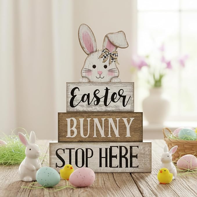 4 Pcs Easter Table Decoration Wooden Rabbit Easter Tiered Tray Decor Cute Bunny Centerpiece Rustic Wooden Bunny Block Sign Farmhouse Holy Week Party Decoration for Home Kitchen Shelf