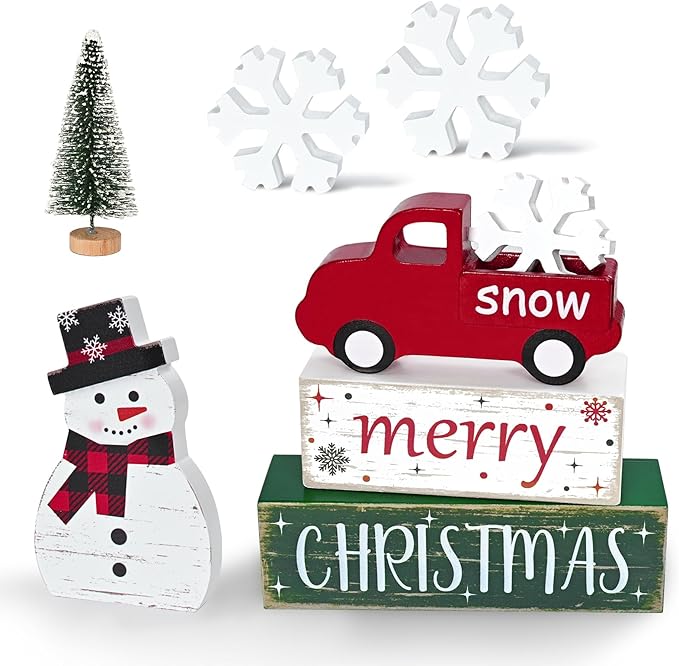 Yinhua Christmas Decorations Indoor, Christmas Table Decor, Red Truck Snowman Decorations with Xmas Tree & Snowflakes, Farmhouse Wooden Block Sign, Xmas Mantel Decor for Tiered Tray, Desk, Bookshelf