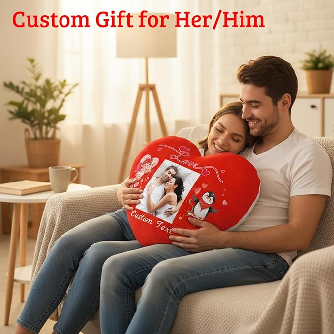 Custom Heart Pillow with Insert, Personalized Heart Shaped Pillows with Photo Name as Valentine Pillows for Hubsand Wife Home Decor Personalized Gifts for Valentines Day Anniversary