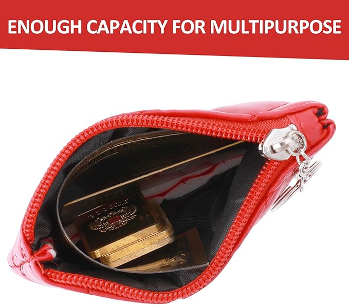 Real Leather Coin Purse with Rhombus Embroidery Zipper Keychain Mini Wallet for Women & Men (Red)