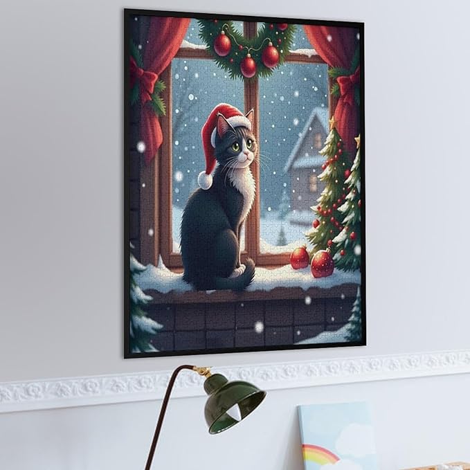 Jigsaw Puzzles for Adults 1000 Piece - Christmas Black Cat Wooden Puzzles, Stress Relief Games, Funny Puzzles，Unique Gifts for Wall Art，Family Puzzles，Educational Games