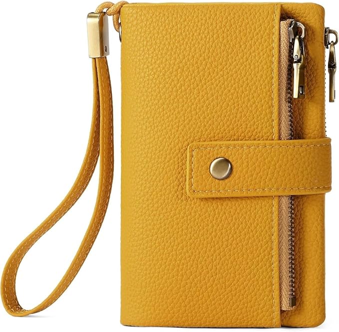 Practical Genuine Leather Wristlet Wallet for Women with Double Zipper Coin Purse and Card Organization (yellow)