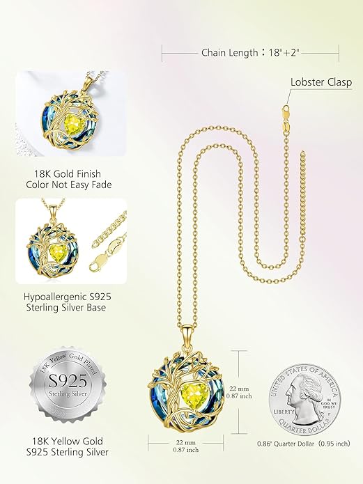 TOUPOP Tree of Life Birthstone Necklace 925 Sterling Silver Pendant Austrian Crystal Jewelry Anniversary Valentine's Day Birthday Gifts for Women Mom Her Wife