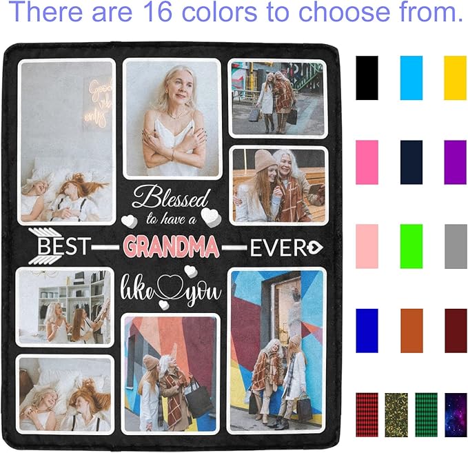 Custom Blanket Gifts for Grandma, Customized Blankets with Photos, Make a Personalized Bed Throws to My Grandma, Custom Souvenir Throw Blanket for Best Grandma Ever, 8 Collages Made in USA