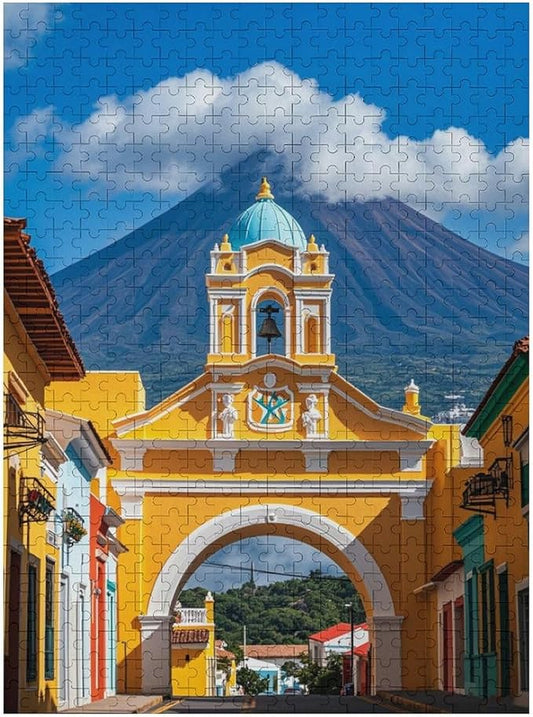 Wooden Puzzle 500 Pieces - Famous Arch and Volcano View Antigua Guatemala Holiday Jigsaw Puzzles， Exquisite Art Design，for Puzzles Challengers and Enthusiasts，Puzzle Games for Children and Adults
