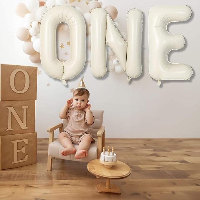 40 Inch Beige One Balloons for 1st Birthday, Cream White Sand One Balloon Letters with Ribbon, Neutral Ivory Alphabet One Balloon for Boys Girls First Birthday 1 Year Old Baby Shower Party Decorations