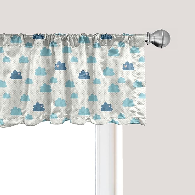 Ambesonne Clouds Window Valance, Repetitive Hearts Polka Dots Cumulus Simplistic Cartoon, Curtain Valance for Kitchen Bedroom Decor with Rod Pocket, 42" x 18", Pale Sky Blue Blue Grey
