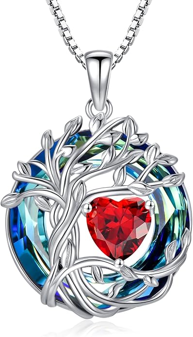 TOUPOP Tree of Life Birthstone Necklace 925 Sterling Silver Pendant Austrian Crystal Jewelry Anniversary Valentine's Day Birthday Gifts for Women Mom Her Wife