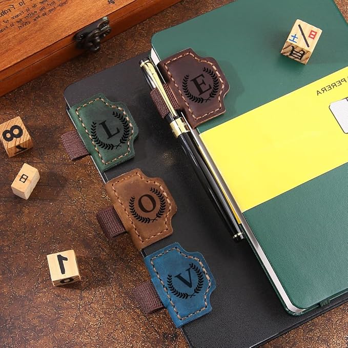 Custom Bookmark with Pen Holder with 26 Letters Personalized Magnetic Leather Book Mark, Customized Name Book Marker Clip with Initial for Men Women, Gifts for Book Lovers, Readers, (Brown, D)