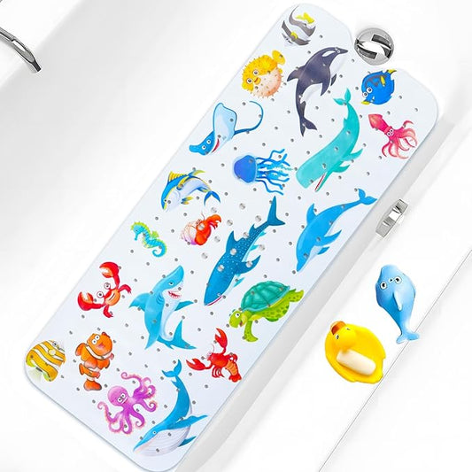 Baby Bath Mat for Tub Non Slip Kids Bathtub Mat Extra Long 40X16 Inch Toddler Bath Tub Shower Mat Anti Slip with Suction Cups & Drain Holes, Machine Washable (Ocean Animals)