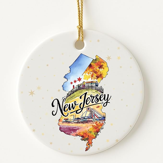 USA State Landmark Ceramic Ornament – Round Glossy Christmas Decoration Featuring U.S. State Art, Landmarks & Holiday Scenery – Collectible Travel Souvenir Ornament Series (New Jersey)