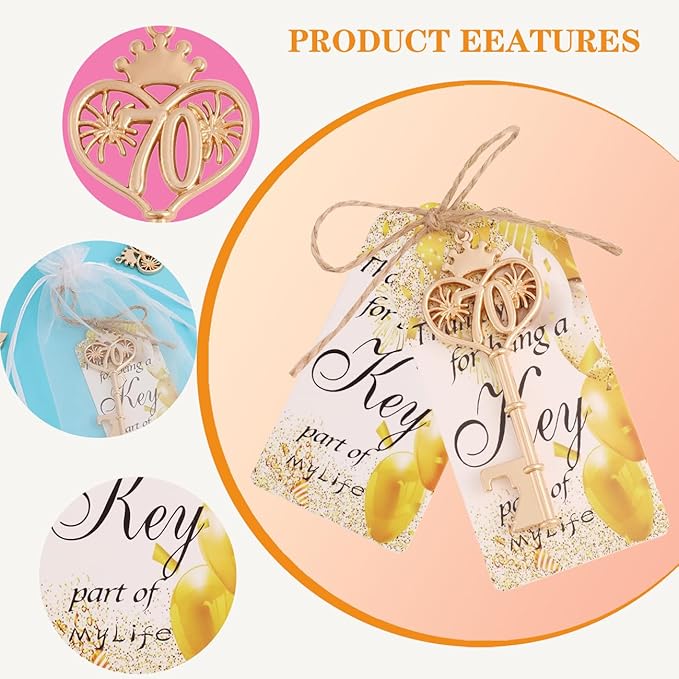 70 Birthday Party Favors Key Bottle Opener, 70th Beer Opener Keychain Favors for Guest with Organza Bags and Tags,Beer Keychain Bottle Openers for Birthday Party Decoration Supplies (gold-70)