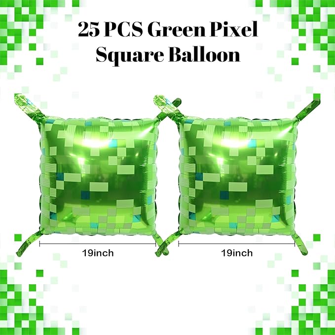 Green Pixel Square Balloon Wall, 25 PCS Green Pixel Square Foil Balloons Wall Backdrop Balloons Tunnel Arch for Kids Boys Video Game Theme Birthday Party Decoration