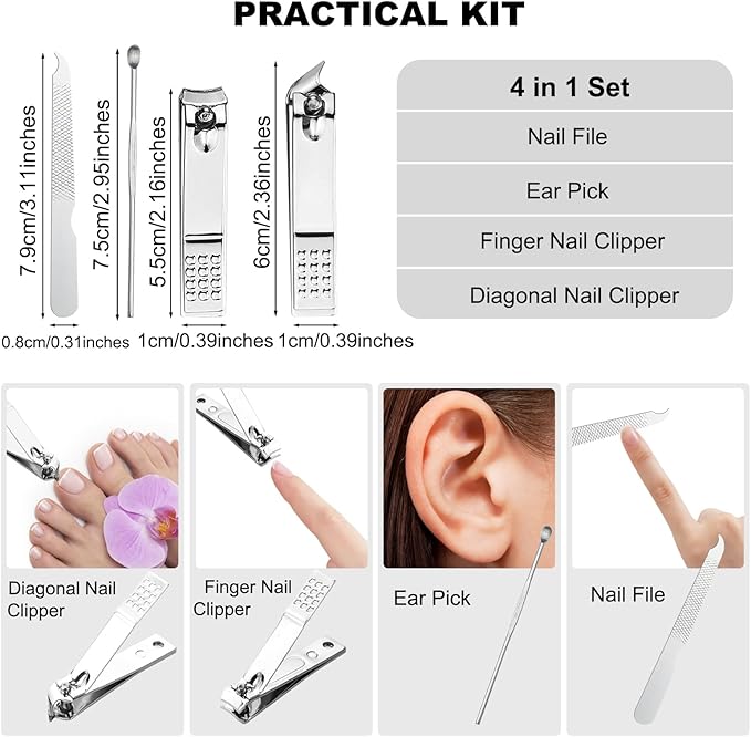 200 Sets Finger Nail Clipper Set Bulk,4 in 1 Black Adult Stainless Steel Travel Manicure Kit with Case Individually Wrapped Nail Clippers Bulk for Homeless,Hotel,Charity