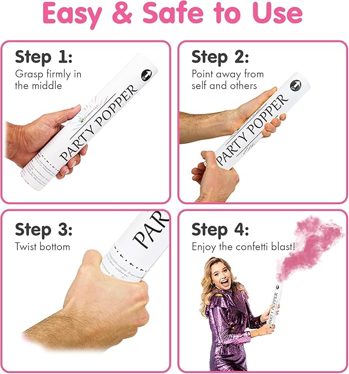 Clover Products Gender Reveal Confetti Poppers – Biodegradable Powder cannon - Pink, 4 Pack - Girl Smoke Bombs - Powder Cannon Party Poppers Pink Party Supplies- Includes FREE “It’s a Girl” Balloon