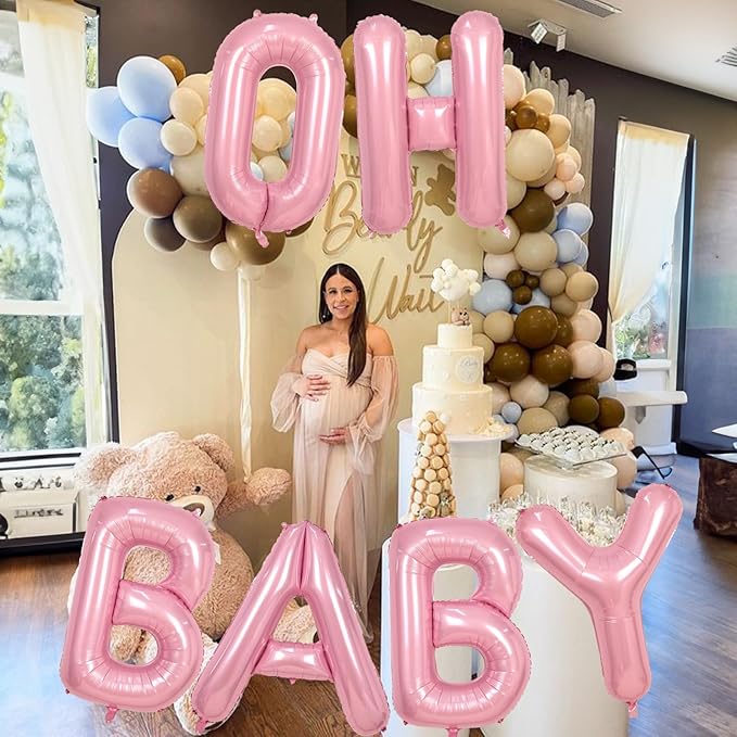 40 Inch Pastel Pink OH BABY Balloon for Baby Shower, Large Light Pink OH BABY Balloon Letters with Ribbon, Pearl Pink Alphabet Balloons Banner Sign for Girl Birthday Party Backdrop Decorations