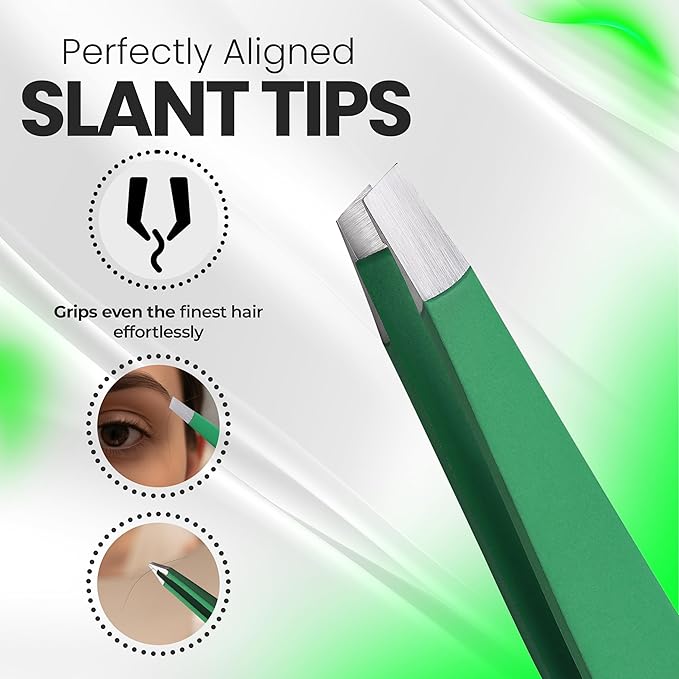 Slanted Stainless Steel Tweezers for Men & Women - Precision Eyebrow Tweezers for Facial Hairs, Strong Grip, Fine Tip, Professional Tweezer for Plucking & Grooming (Matte Forest Green)