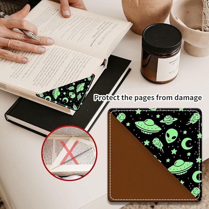 Cute Leather Bookmarks, Fun Triangle Making Corner Bookmark, Book Accessories for Reading Book Lovers, Unbreakable Page Markers for Women Men Cute Green Alien