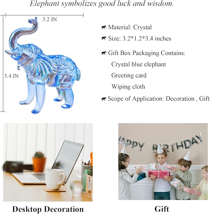 Crystal Elephant Figurine, Glass Statue Gifts, Crystal Animals Collectible Tabletop Decoration Elephant Sculpture with Trunk Up (Blue)