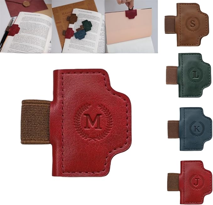 Personalized Magnetic Bygone Mark Bookmark with Pen Holder, 26 Letters Name Initial Custom Leather Book Mark for Women, Gifts for Book Lovers and Readers (Red,M)