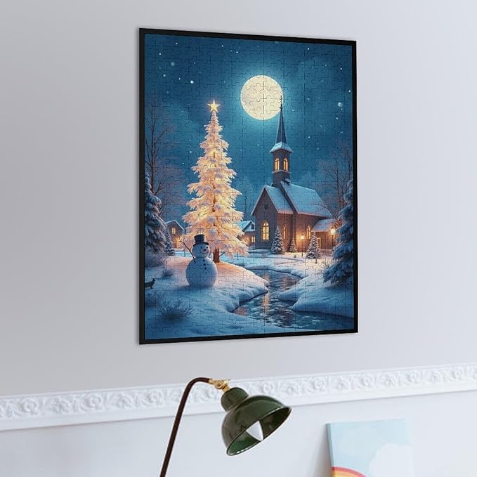 Wooden Puzzle - Church of The Nativity with Snow and Snowmen Jigsaw Puzzles，Wooden Puzzles for Adults 500 Pieces Challenge Puzzles，Educational Games，Family Puzzles