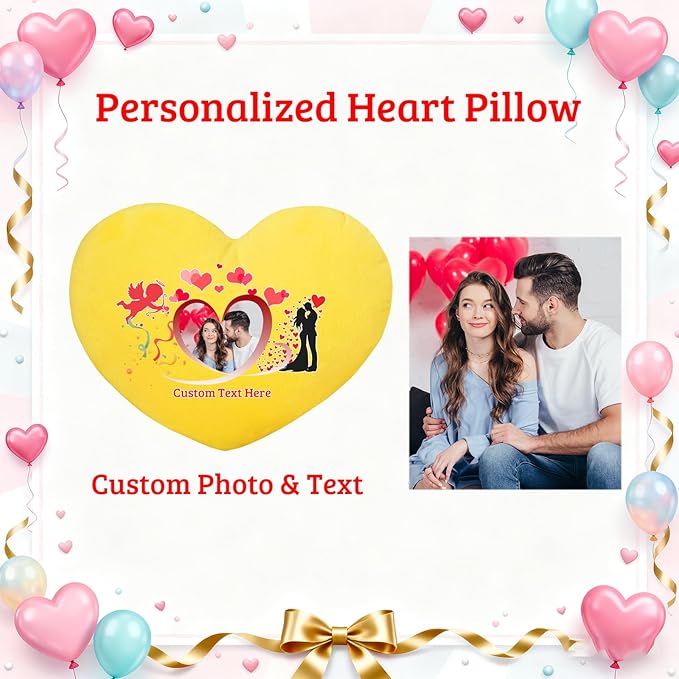 Custom Heart Pillow with Photo Name, Personalized Heart Pillows Decorative Throw Pillows as Valentine Pillow Personalized Gifts for Women Men Kids Family on Valentines Day Anniversary