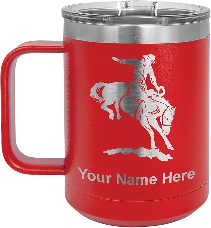 LaserGram 15oz Vacuum Insulated Coffee Mug, Bronco Rider, Personalized Engraving Included (Red)