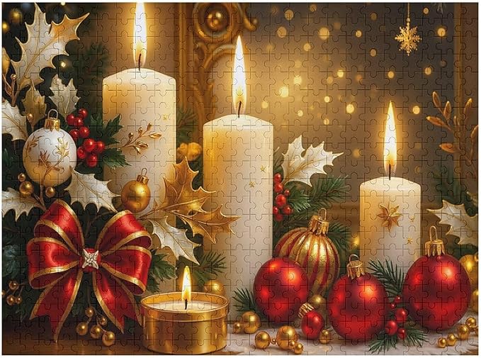 The Burning Christmas Candles 1000-Piece Wooden Jigsaw Puzzle, Festive Candlelight Puzzle, Holiday Spirit, Relaxing Winter Activity, Indoor Entertainment, Family Game Night, Christmas Decoration