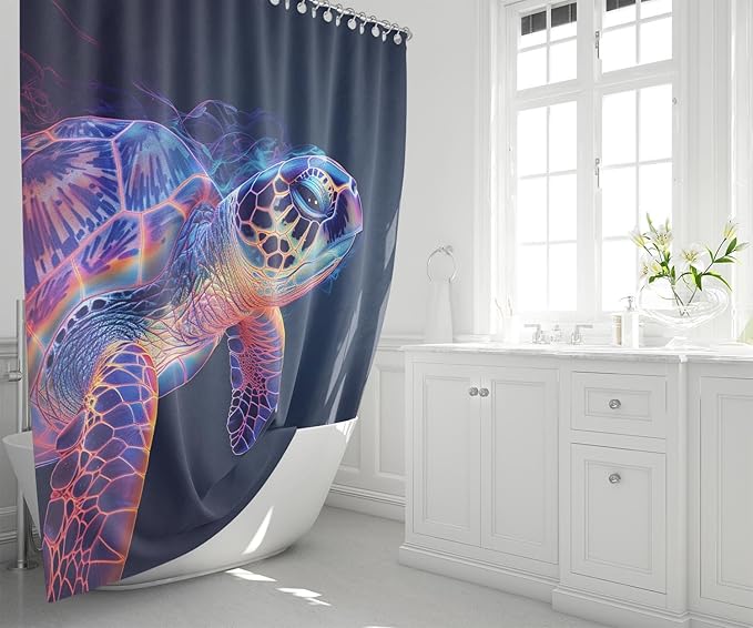 4 Pcs Turtle Shower Curtain Set - Turtle Shower Curtain Ocean Shower Curtains for Bathroom Kids Shower Curtain Ocean Themed Shower Curtain Set with Rug, Toilet Cover and Bath Mat with 12 Hooks