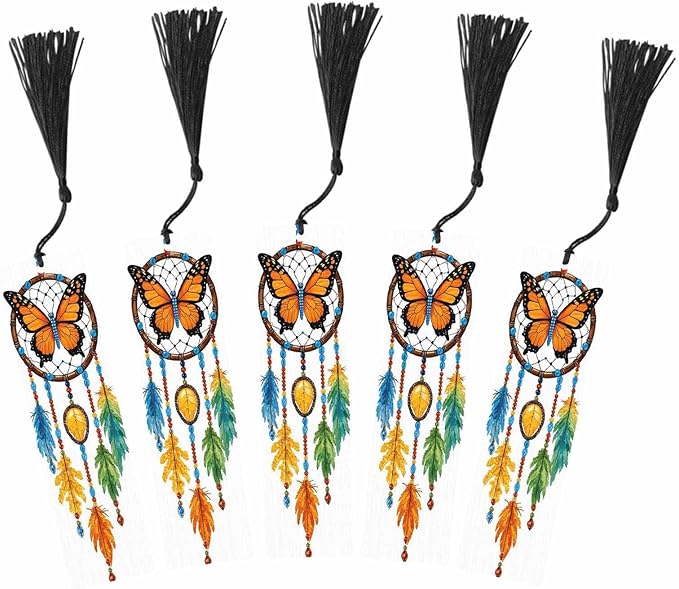 Tribal Dreamcatcher Bookmarks 5 Pcs Magic Tribal Feathers Butterfly Wooden Bookmark with Tassels for Reading Book Lovers Gift Office School Readers Teacher