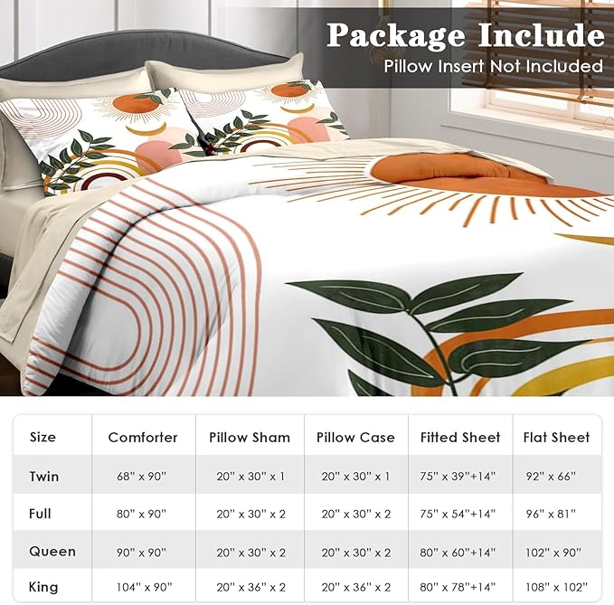 Comforter Set Full Size, Boho Retro 7 Pcs Bedding for Kids and Adults, Vintage Sunshine Bed Sheet Sets with Fitted Sheet 2 Pillowcase & 2 Sham for Bedroom Bed Decor
