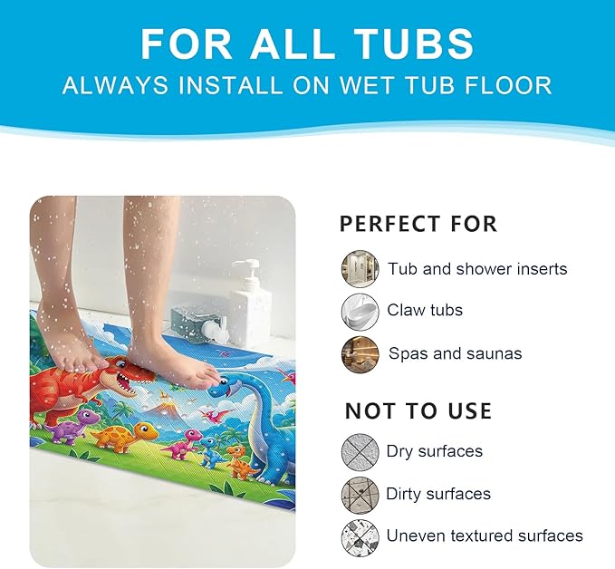 XIYUNTE Baby Bath Mat for Tub Non Slip Kids Bath Mat - 40''x16'' Extra Long Cartoon Bathtub Mat Non Slip Kids Shower Mat Eco-Friendly Toddler Bath Mats with Suction Cups, Machine Washable, Dinosaur