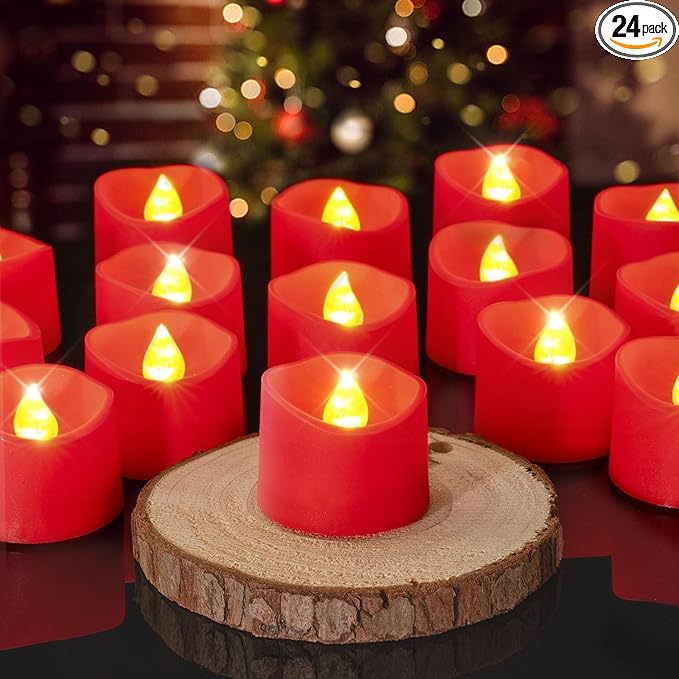 Homemory Red Tea Lights Candles Battery Operated, 200+Hour Flameless Flickering Fake Electric LED Colored Tealights Candles for Party, Wedding, Anniversary, Halloween, Christmas, 24-Pack