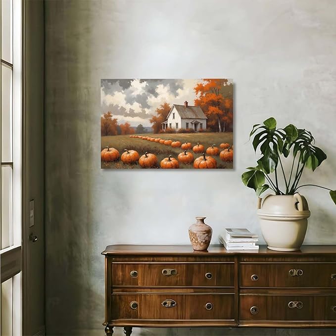 Autumn Pumpkin Patch Print Country Farm Natural Scenery Decorative Painting Suitable for Home Decor Bathroom Bedroom Living Room Decoration28x40in(70x100cm)- Framed