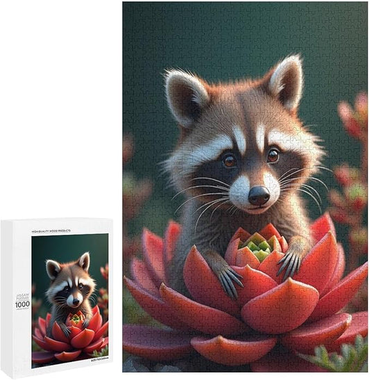 Puzzles for Adults 1000 Pieces Wooden Jigsaw Puzzle - Succulent & Cute Raccoon Theme Puzzle，Party Games，Family Toys，Educational Puzzles，Stress Relief Wooden Puzzle，Gifts for Family and Friends