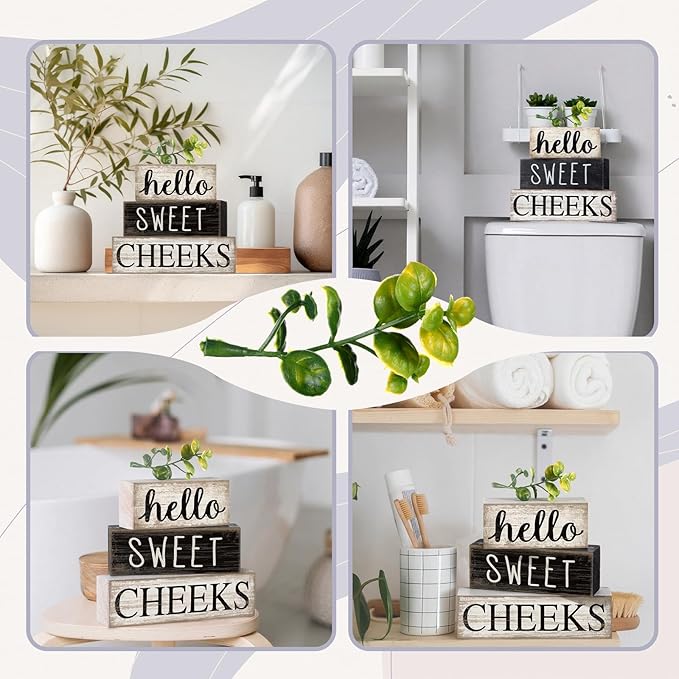 4 Pcs Bathroom Shelf Decor Hello Sweet Cheeks Sign Farmhouse Bathroom Decor and Accessories Rustic Eucalyptus Leaves Wood Block Sign Gift Sweet Home Table Centerpiece for Home Office