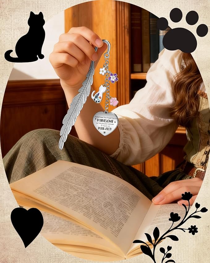 Buleens Bookmarks for Women Reading - Book Marks for Readers Book Lovers, Cute Feather Cat Paw Flower Personalized Metal Bookmark with Pendants, Pretty and Aesthetic Book Accessories Reading Gifts