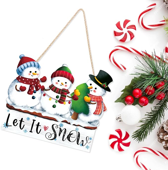 CHDITB Let It Snow Wooden Hanging Sign, Three Snowman Wood Sign, Winter Welcome Door Sign, Snowflake Snowman Vintage Wall Door Sign,Christmas Sign for Wall Door Hanger Winter Decor