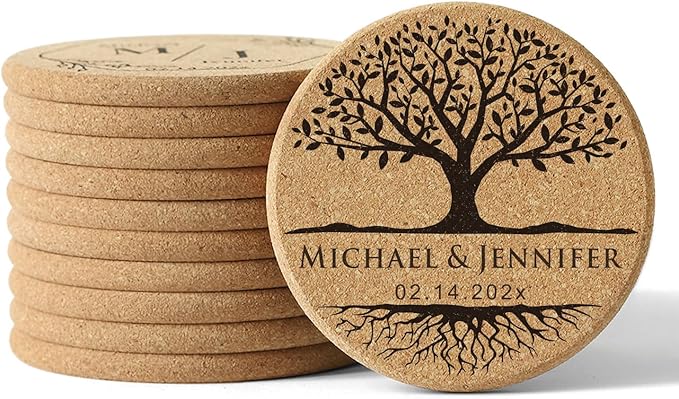 Personalized Cork Coasters - Custom Engraved Wedding Favor,Natural Round Drink Coasters, Bulk Guest Gifts, Bridal Shower,Party,Reception and Anniversary Gift Decor - Set of 25-300pcs
